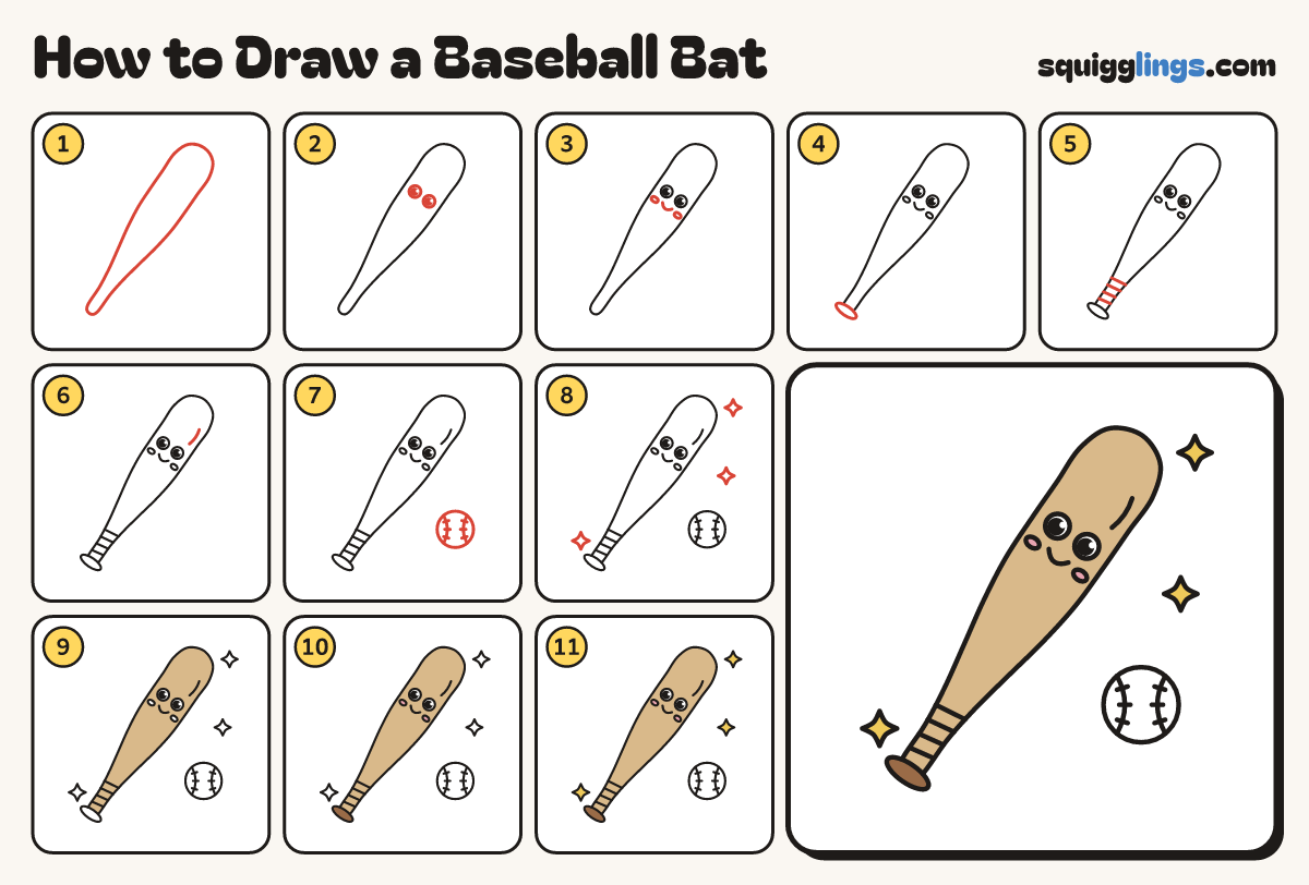 How to Draw a Baseball Bat step by step: all 11 steps in one picture