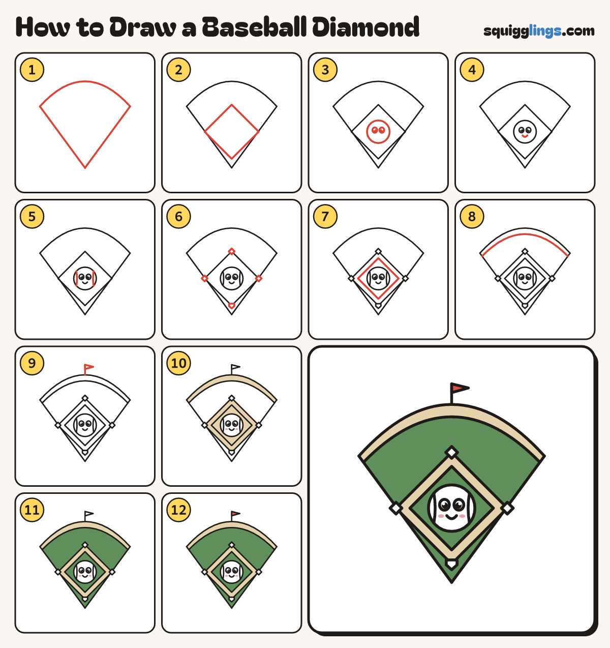 How to Draw a Baseball Diamond step by step: all 12 steps in one picture