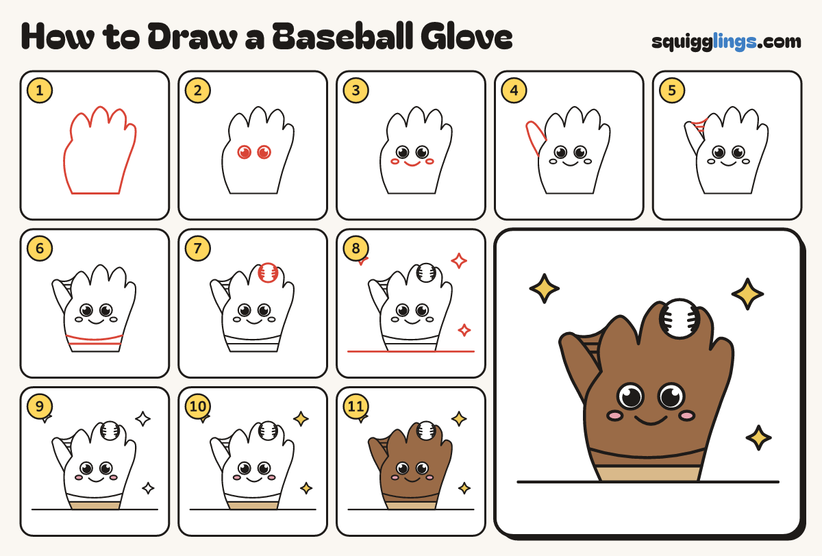 How to Draw a Baseball Glove step by step: all 11 steps in one picture