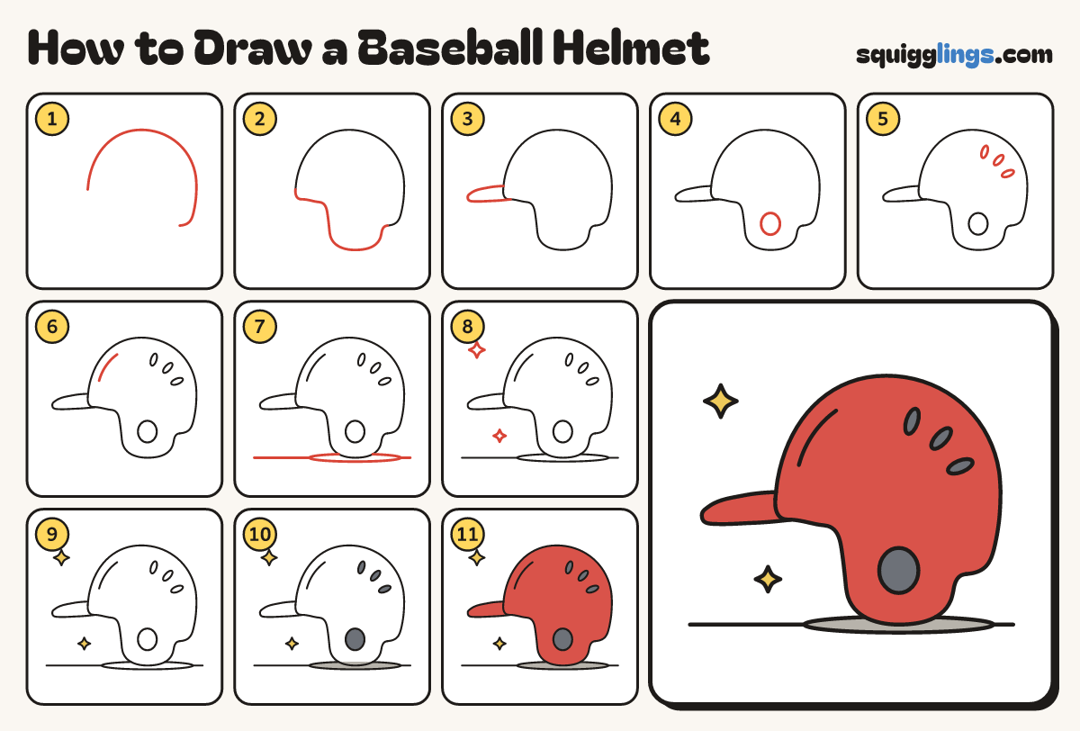 How to Draw a Baseball Helmet step by step: all 11 steps in one picture
