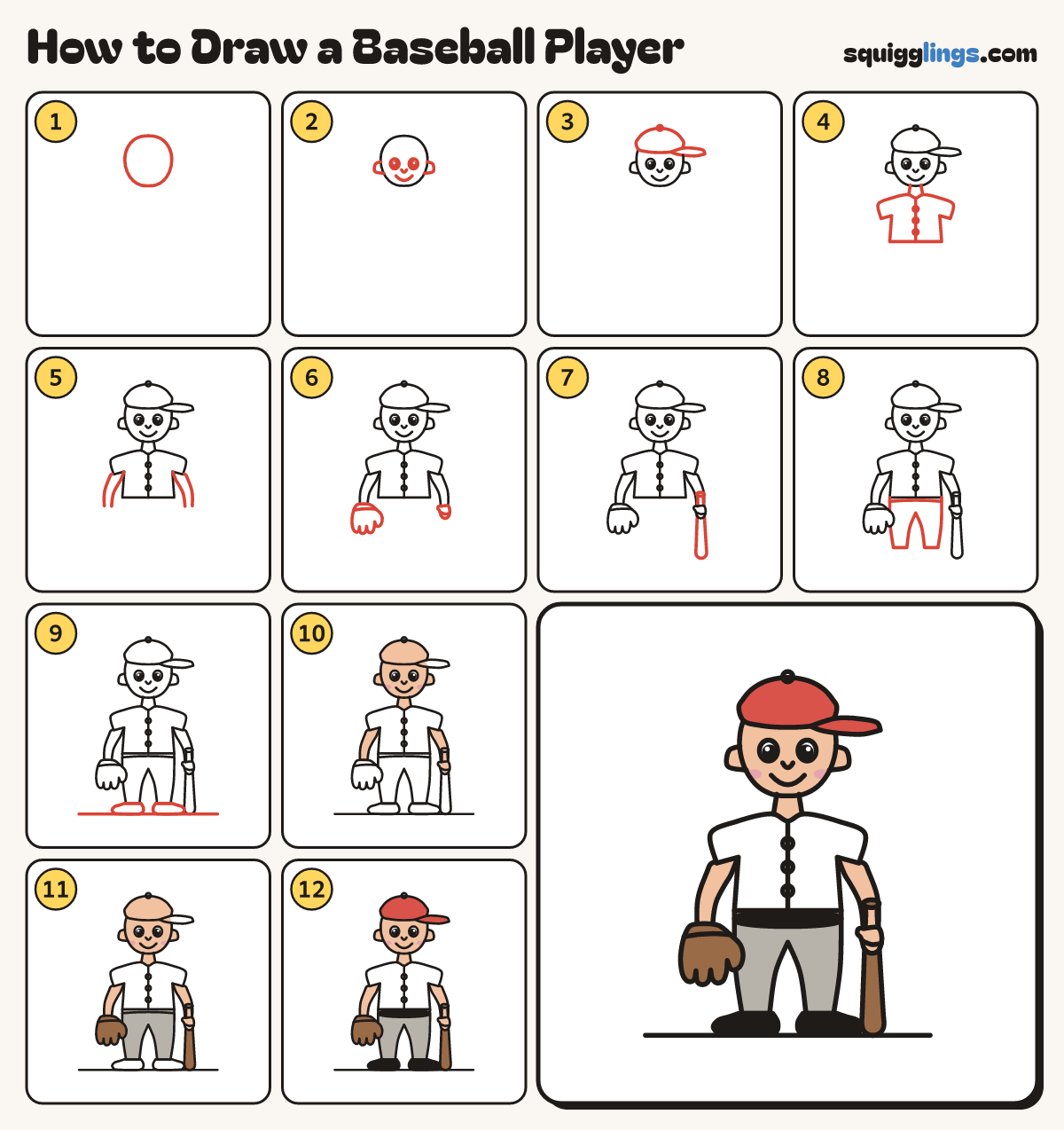 How to Draw a Baseball Player step by step: all 12 steps in one picture