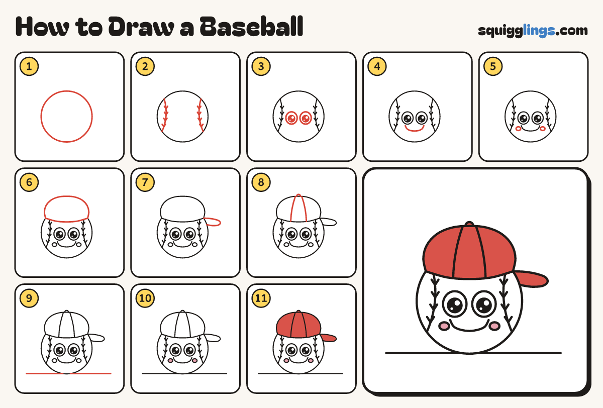 How to Draw a Baseball step by step: all 11 steps in one picture