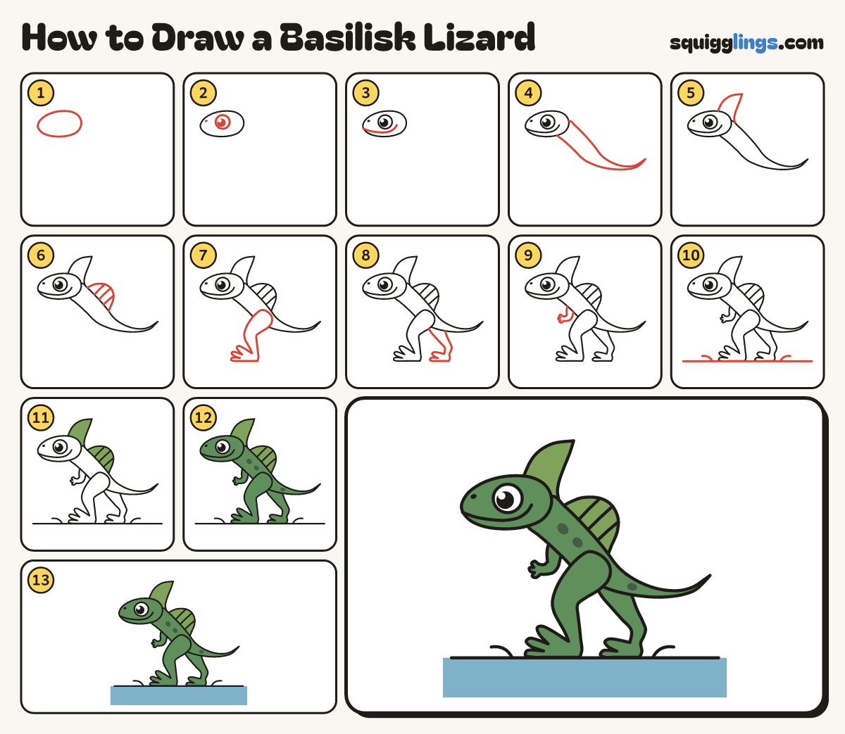 How to Draw a Basilisk Lizard step by step: all 13 steps in one picture