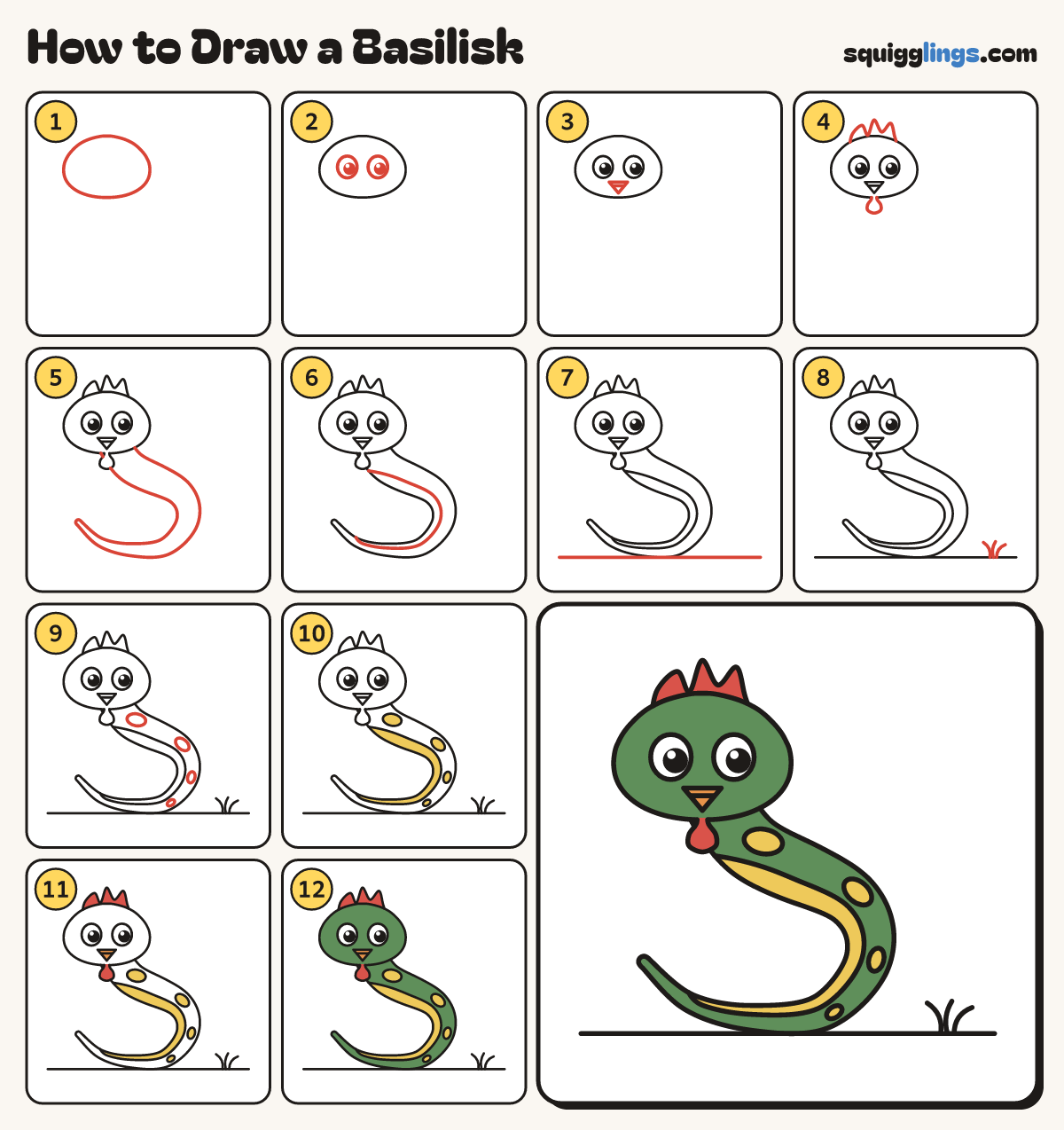 How to Draw a Basilisk step by step: all 12 steps in one picture