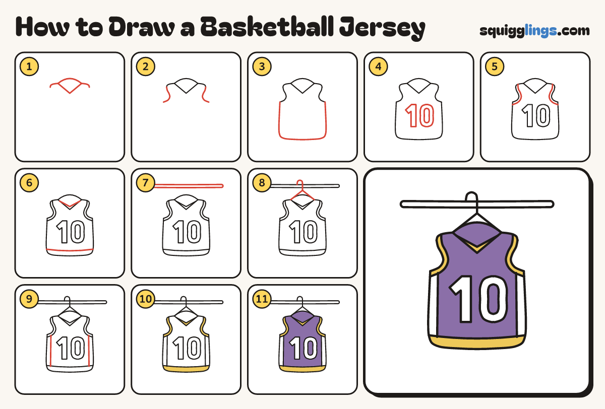 How to Draw a Basketball Jersey step by step: all 11 steps in one picture