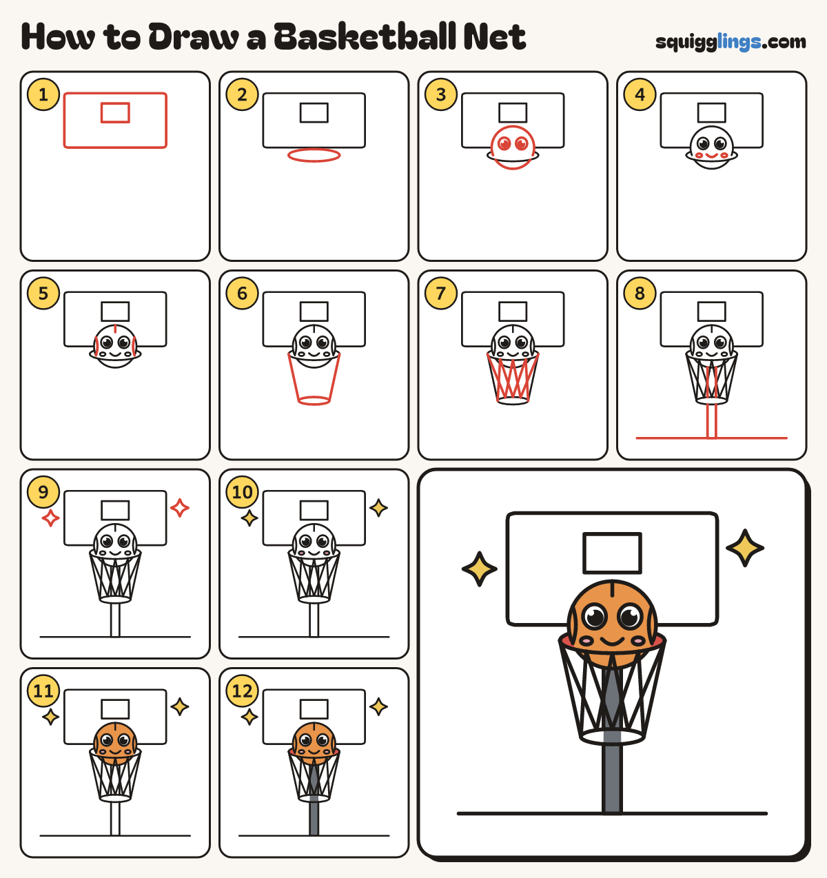 How to Draw a Basketball Net step by step: all 12 steps in one picture
