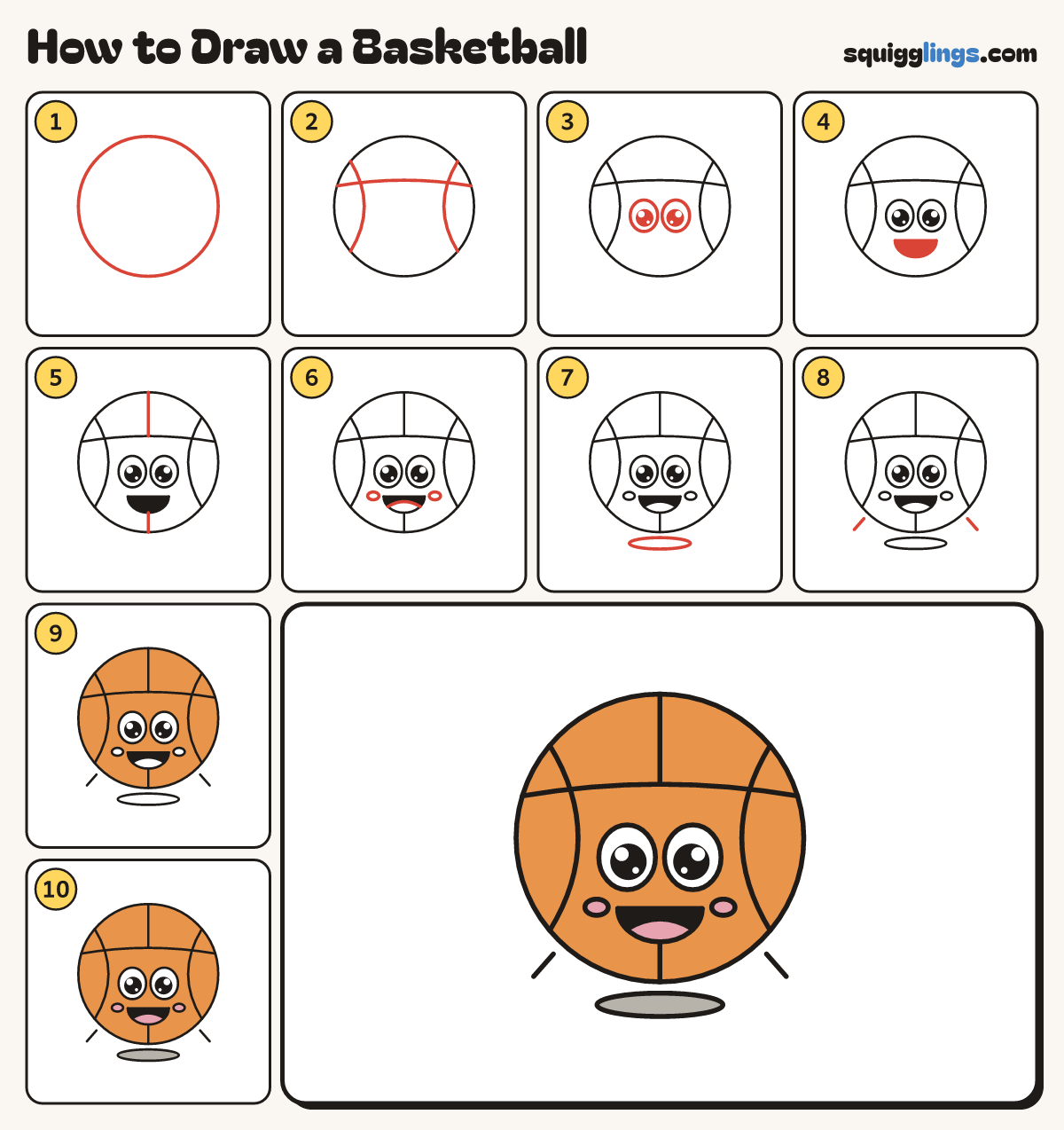 How to Draw a Basketball step by step: all 10 steps in one picture