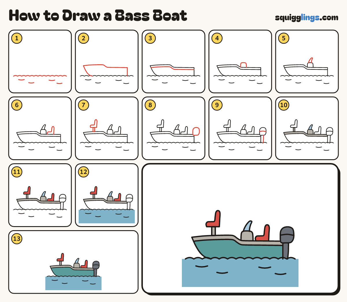 How to Draw a Bass Boat step by step: all 13 steps in one picture