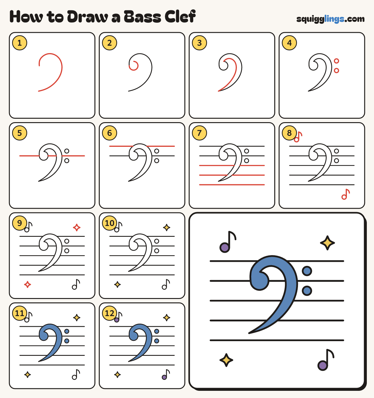 How to Draw a Bass Clef step by step: all 12 steps in one picture