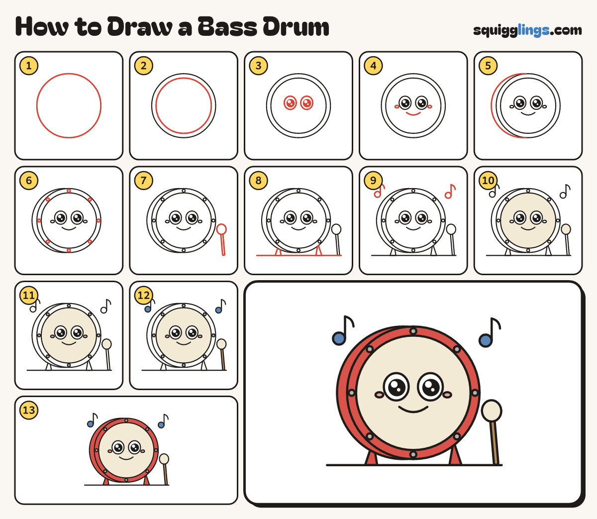How to Draw a Bass Drum step by step: all 13 steps in one picture