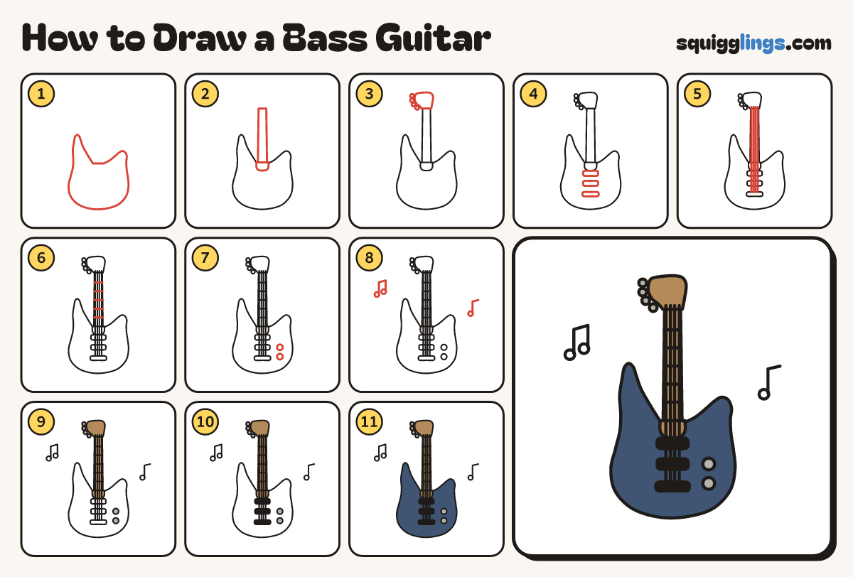 How to Draw a Bass Guitar step by step: all 11 steps in one picture