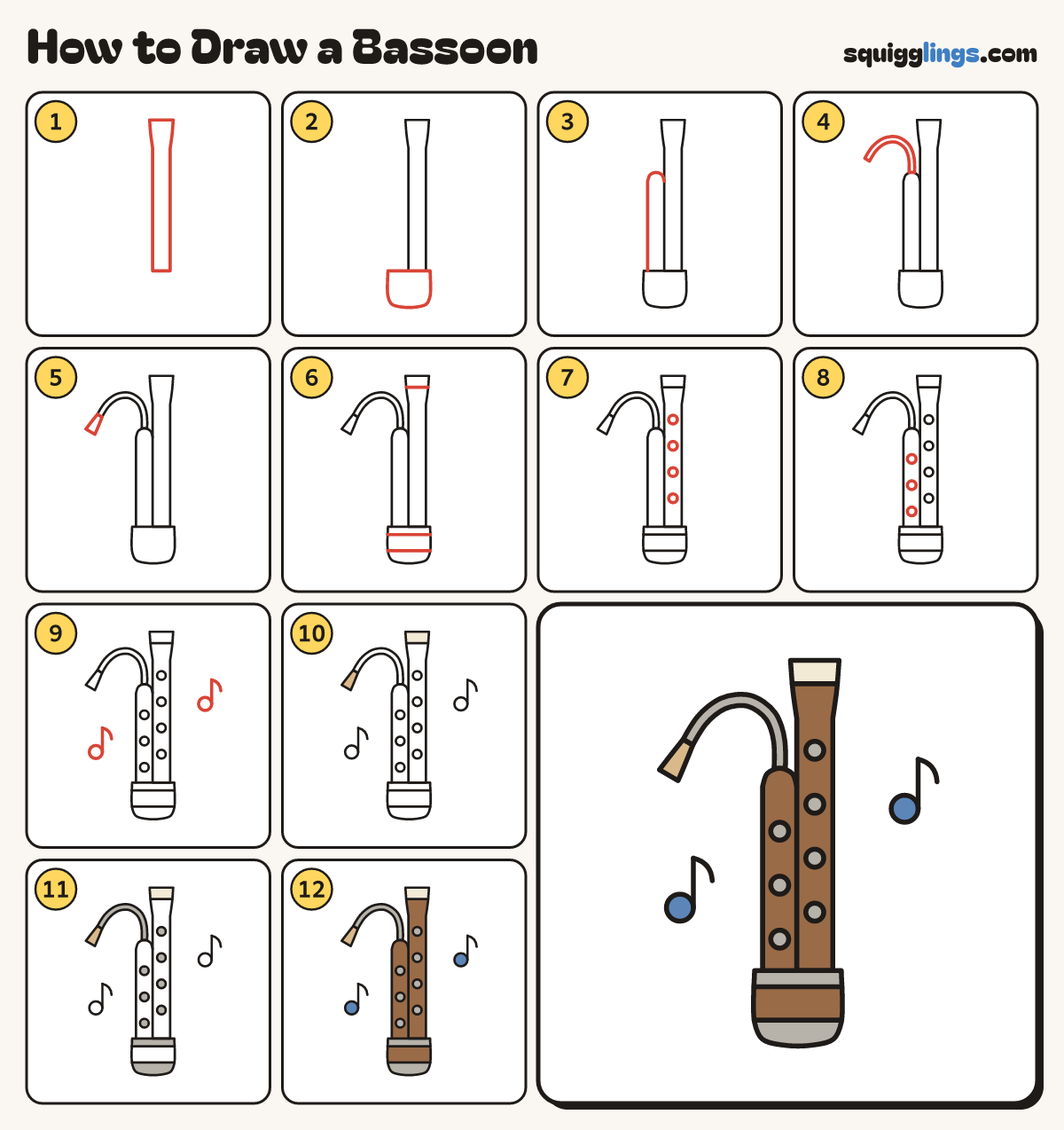 How to Draw a Bassoon step by step: all 12 steps in one picture