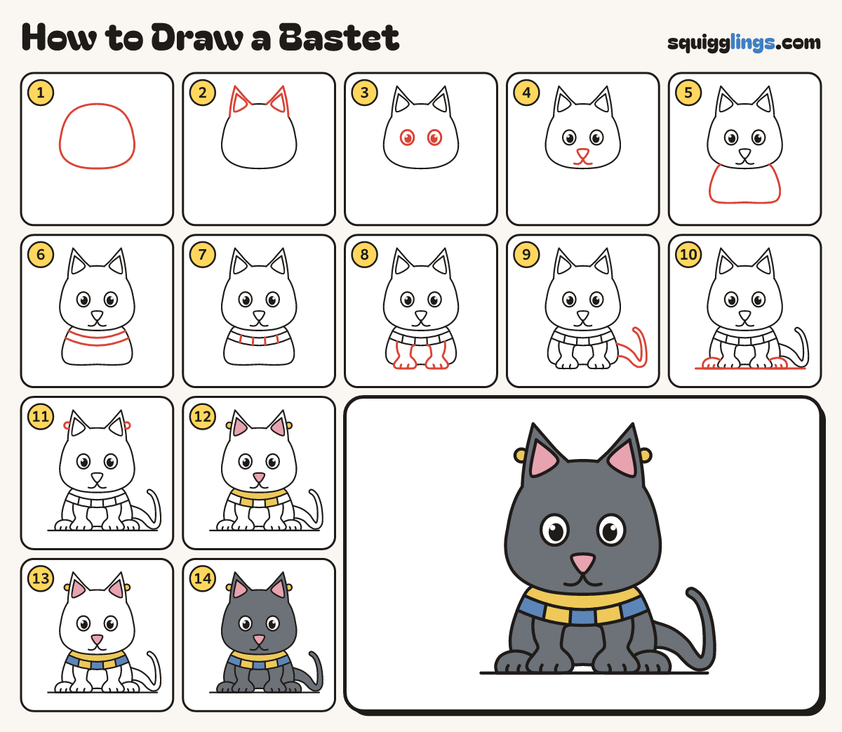 How to Draw a Bastet step by step: all 14 steps in one picture
