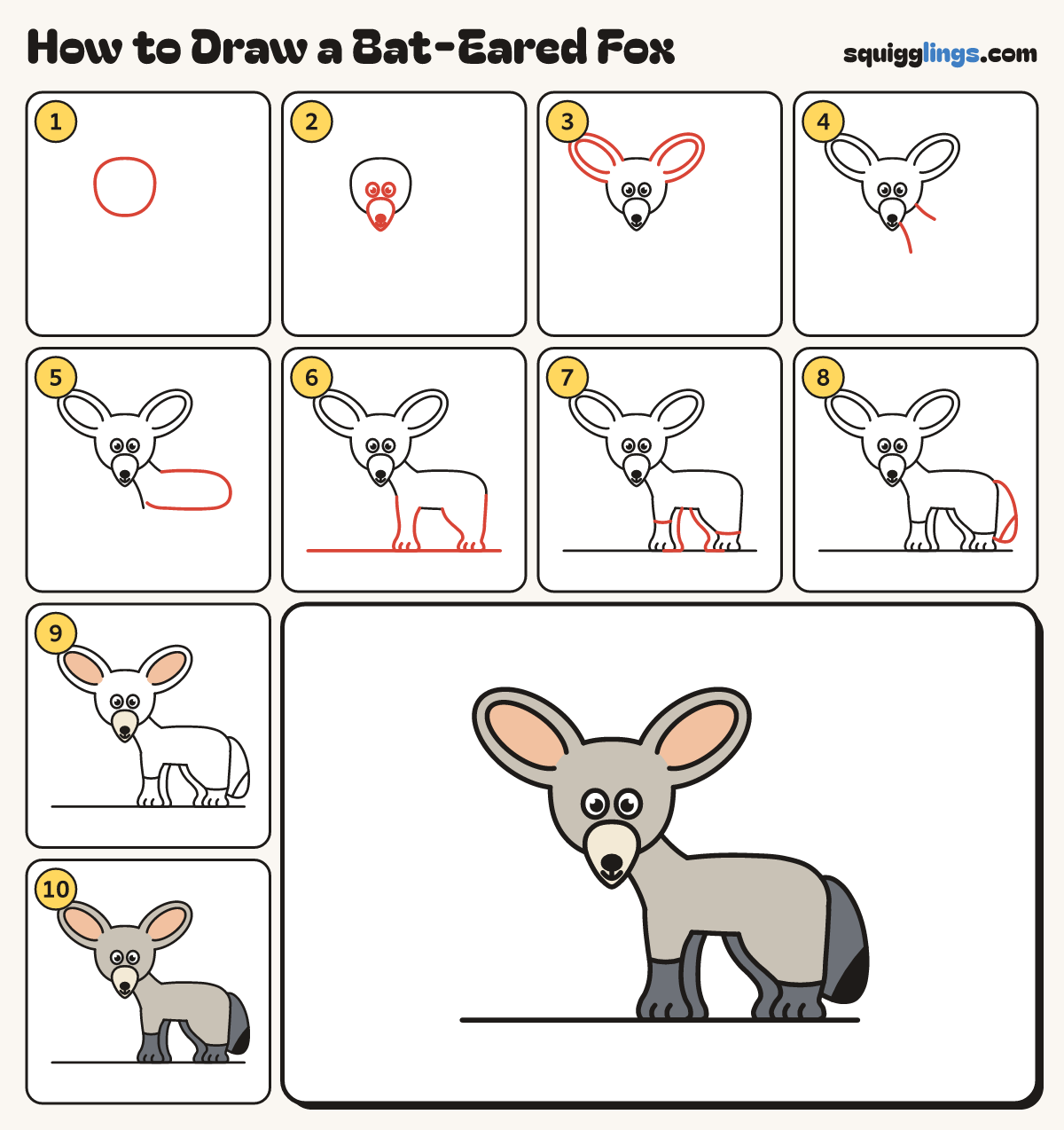 How to Draw a Bat-Eared Fox step by step: all 10 steps in one picture