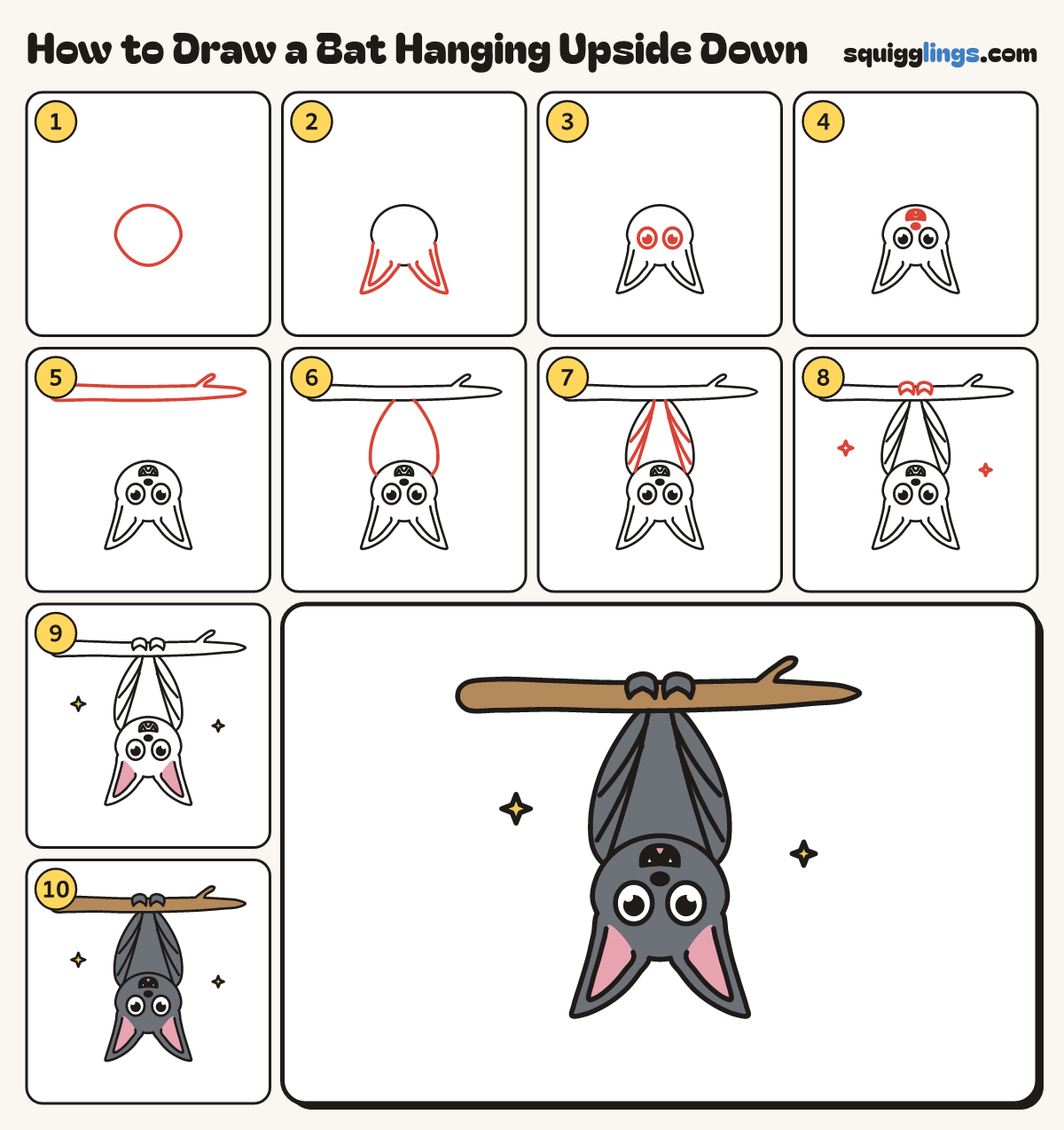 How to Draw a Bat Hanging Upside Down step by step: all 10 steps in one picture