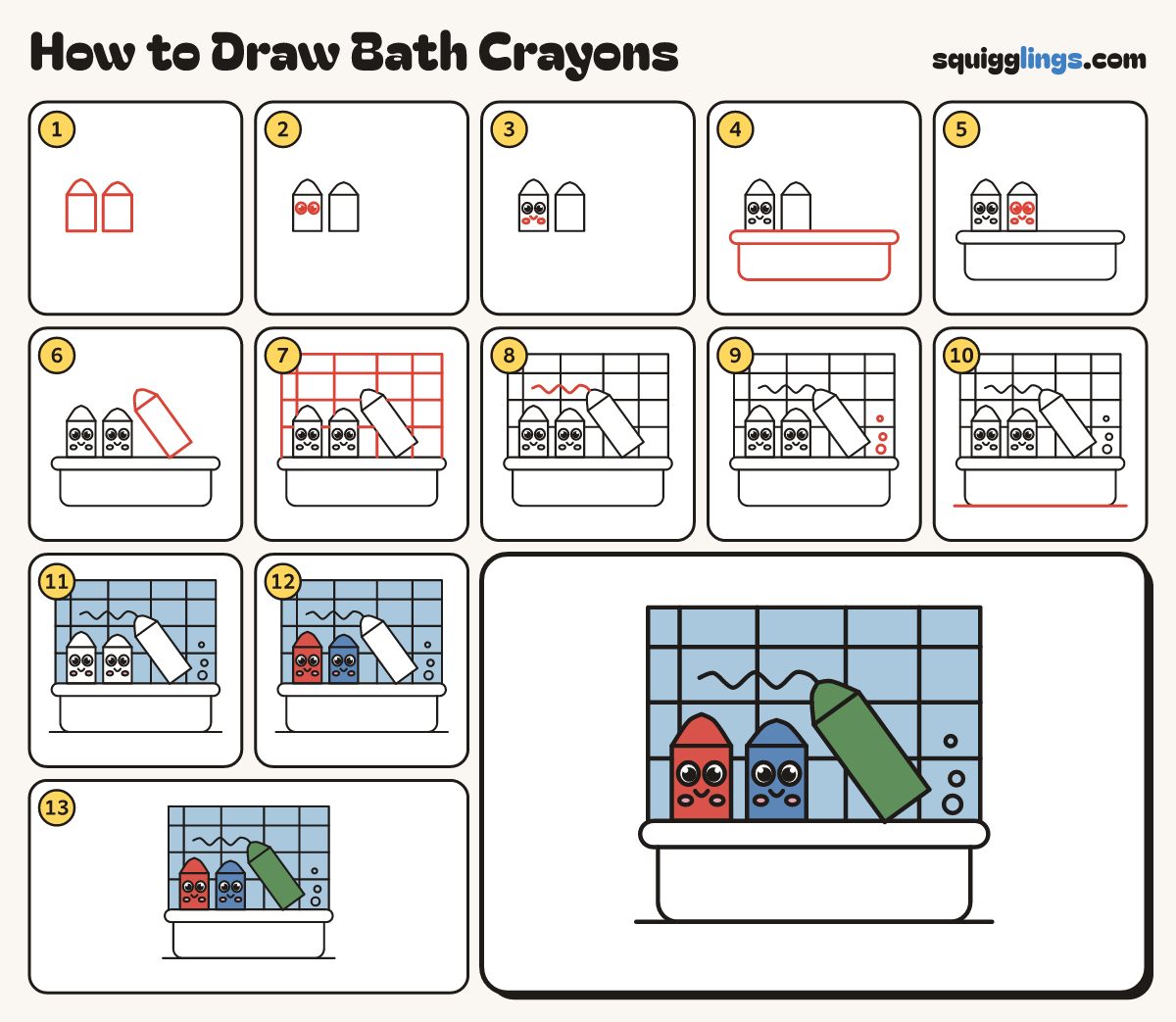 How to Draw Bath Crayons step by step: all 13 steps in one picture