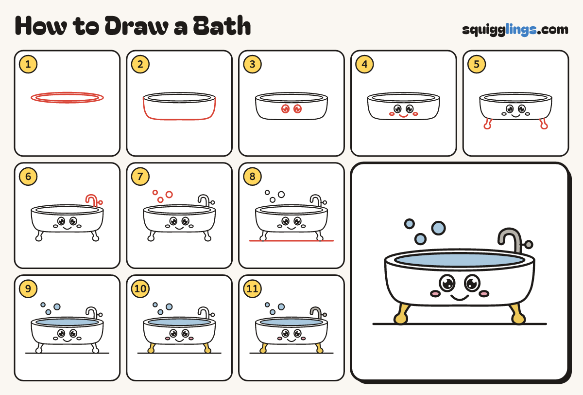How to Draw a Bath step by step: all 11 steps in one picture