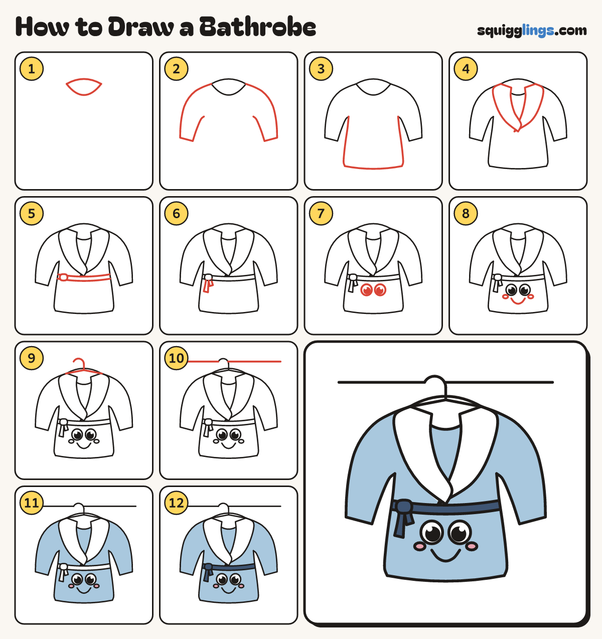 How to Draw a Bathrobe step by step: all 12 steps in one picture