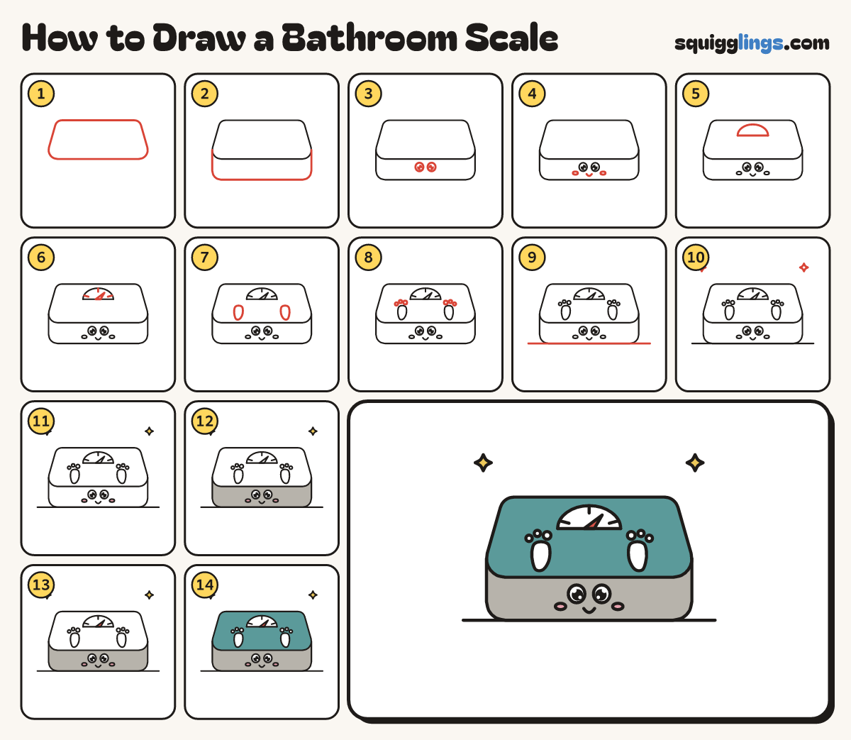 How to Draw a Bathroom Scale step by step: all 14 steps in one picture