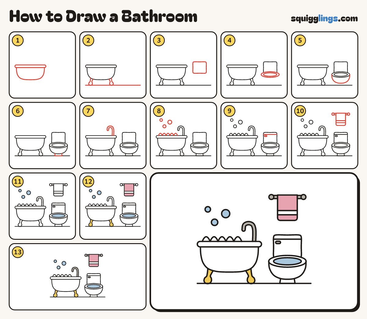 How to Draw a Bathroom step by step: all 13 steps in one picture