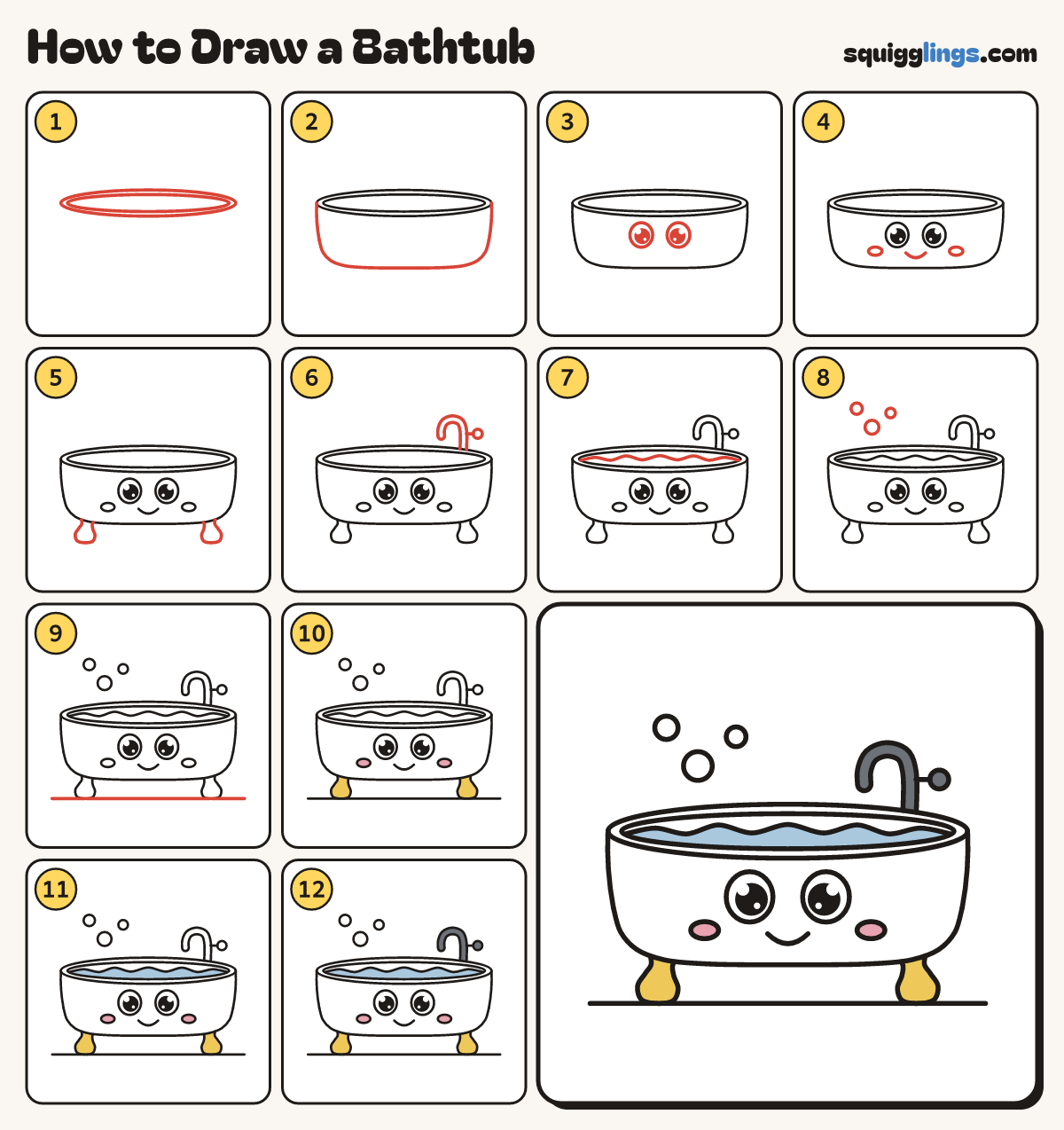 How to Draw a Bathtub step by step: all 12 steps in one picture