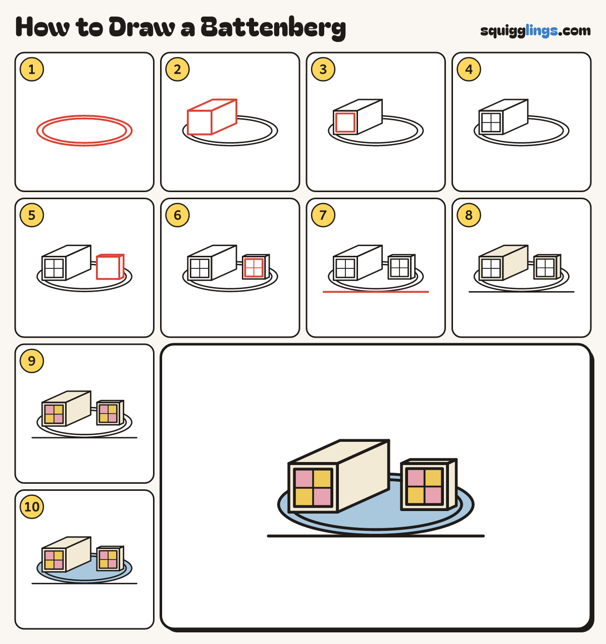 How to Draw a Battenberg step by step: all 10 steps in one picture