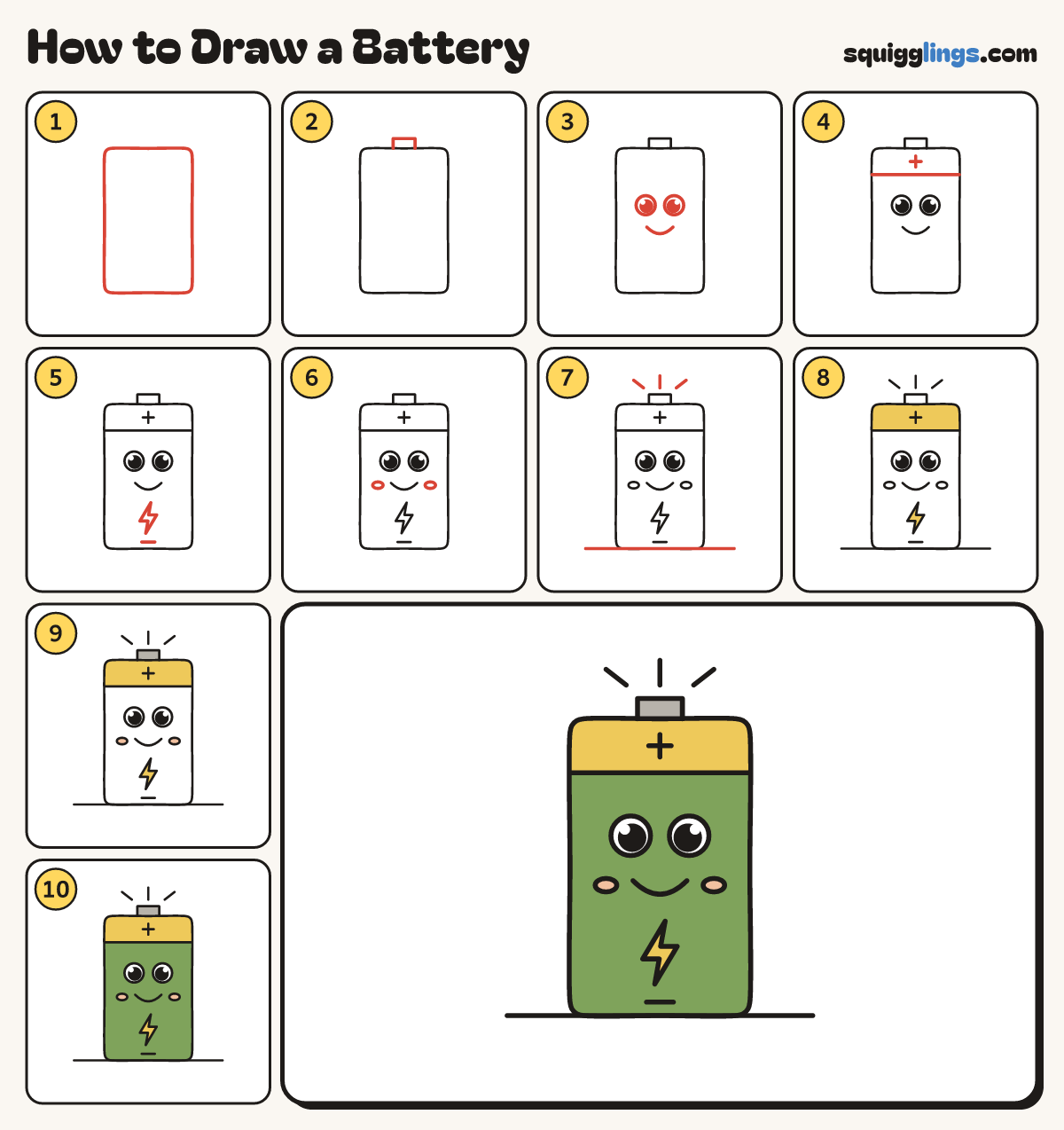 How to Draw a Battery step by step: all 10 steps in one picture