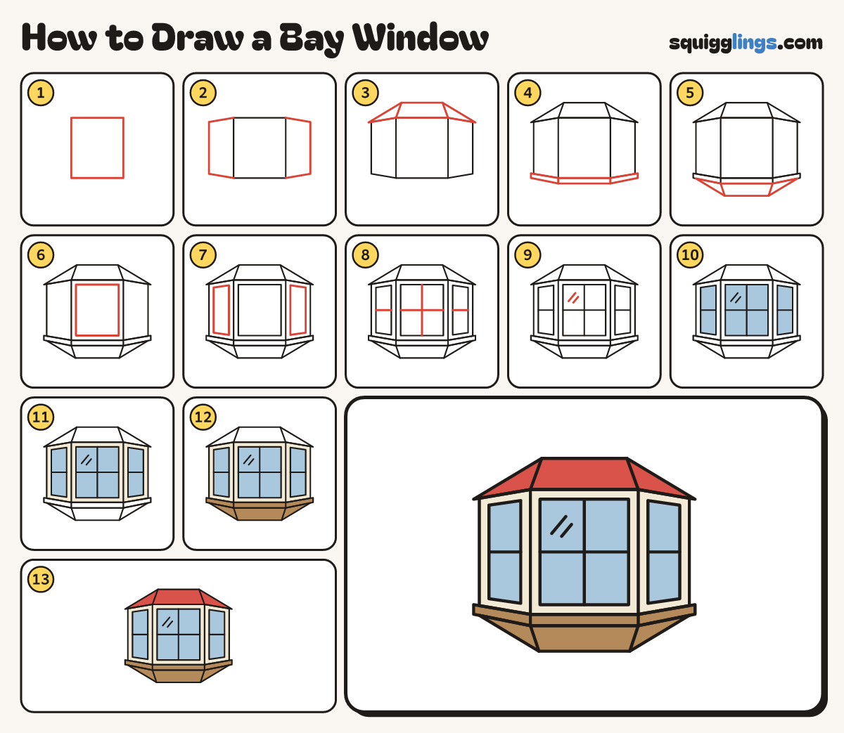 How to Draw a Bay Window step by step: all 13 steps in one picture