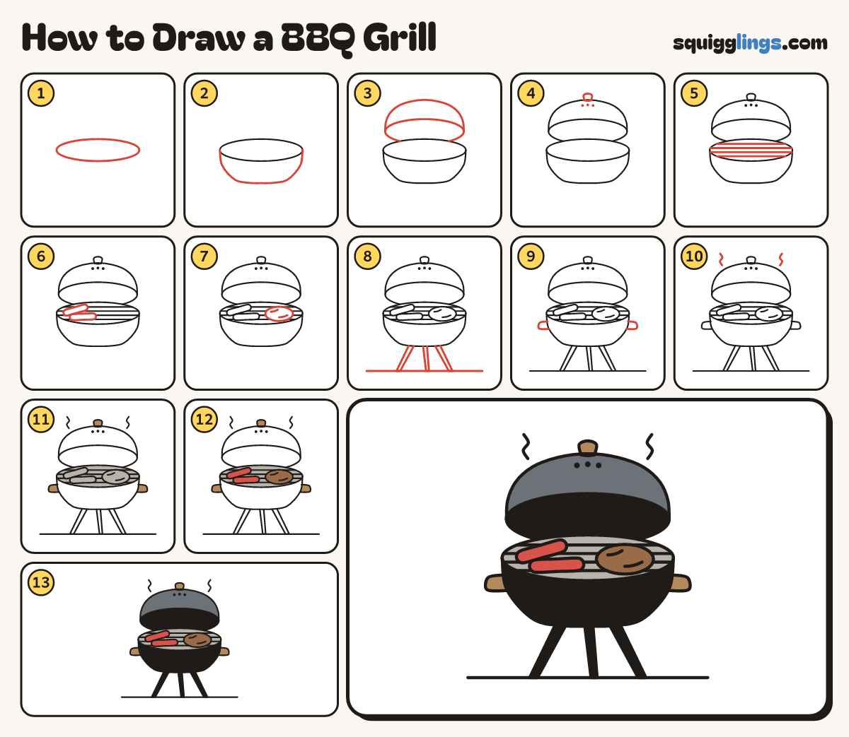 How to Draw a BBQ Grill step by step: all 13 steps in one picture