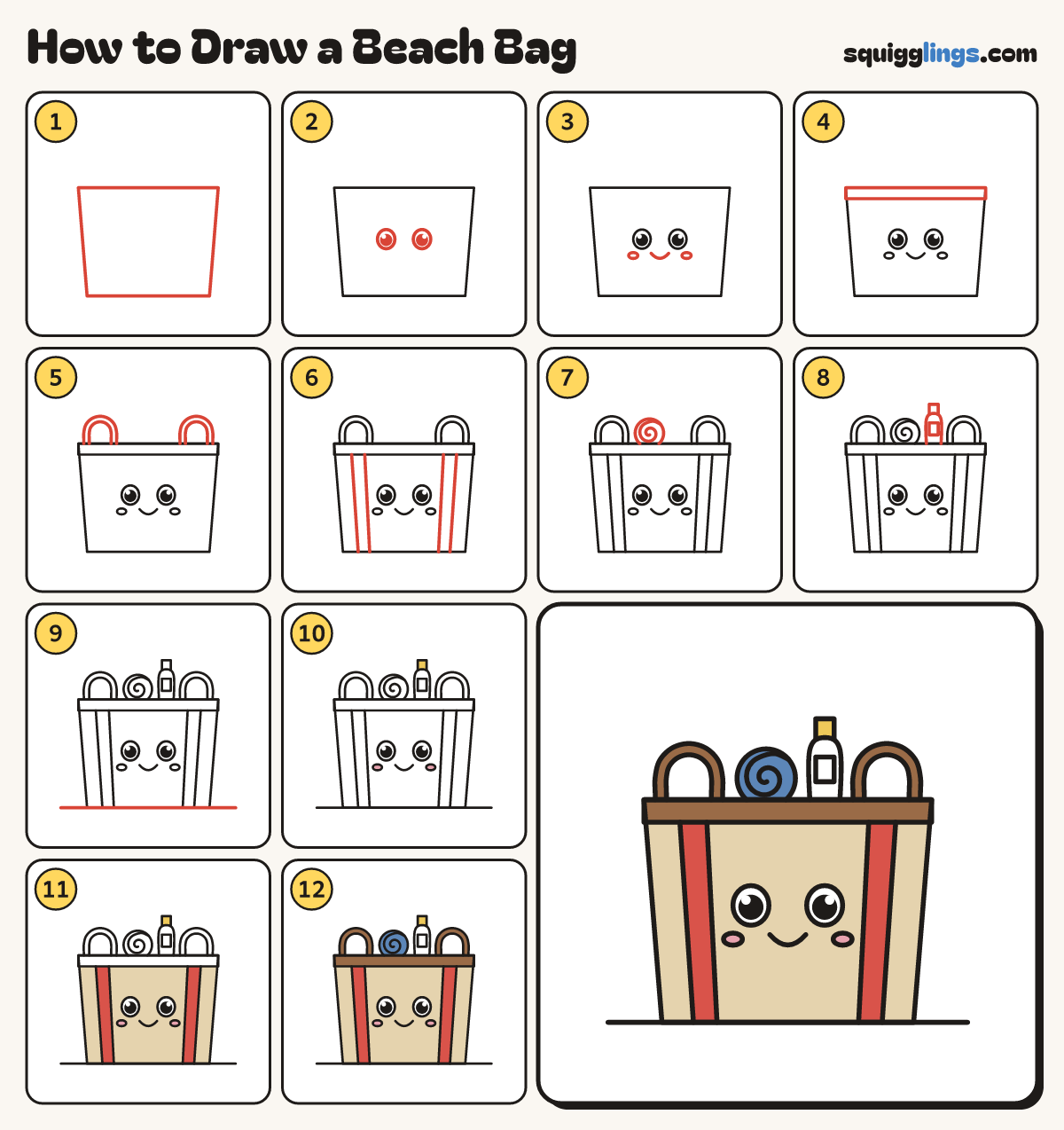 How to Draw a Beach Bag step by step: all 12 steps in one picture