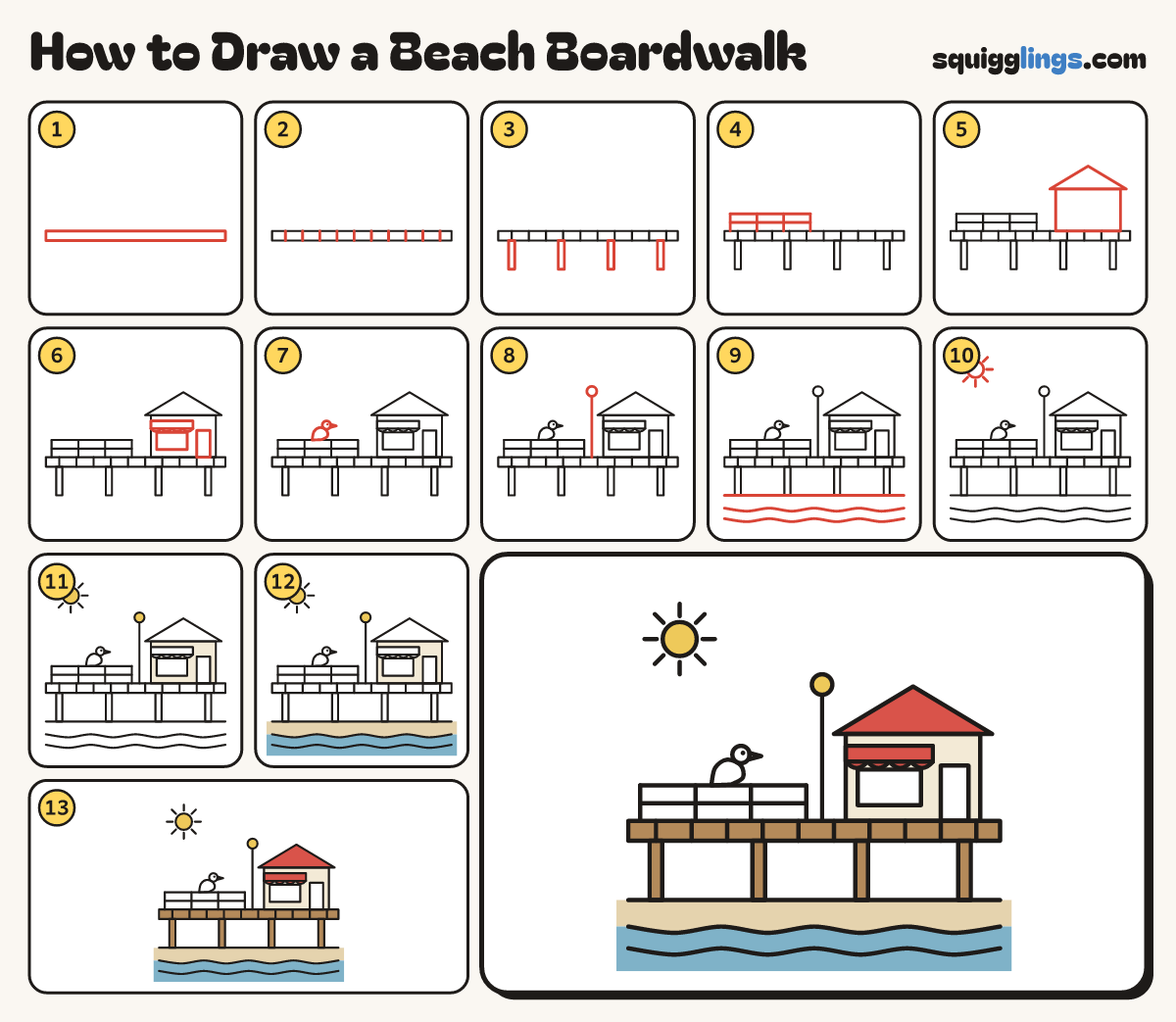 How to Draw a Beach Boardwalk step by step: all 13 steps in one picture