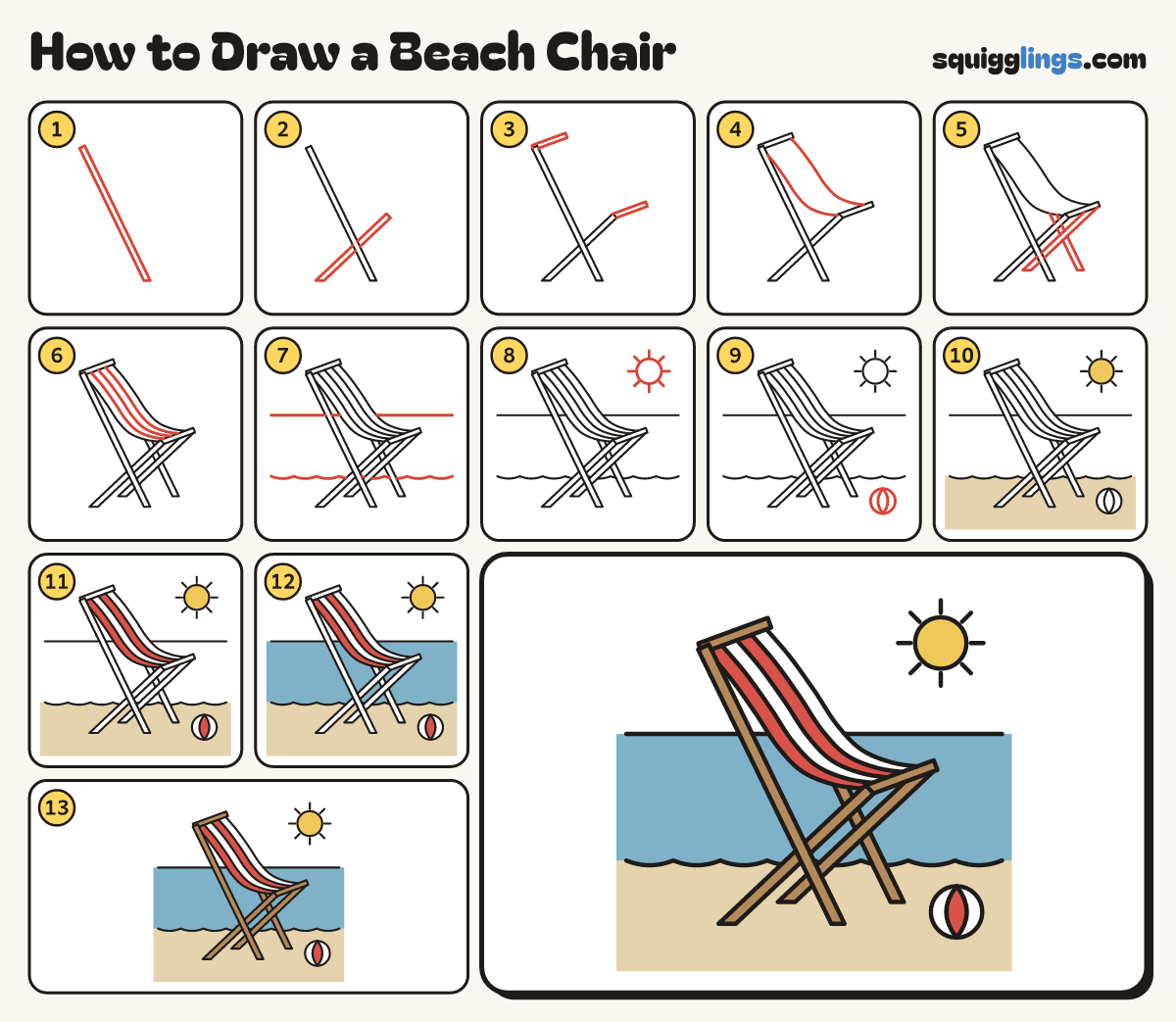 How to Draw a Beach Chair step by step: all 13 steps in one picture