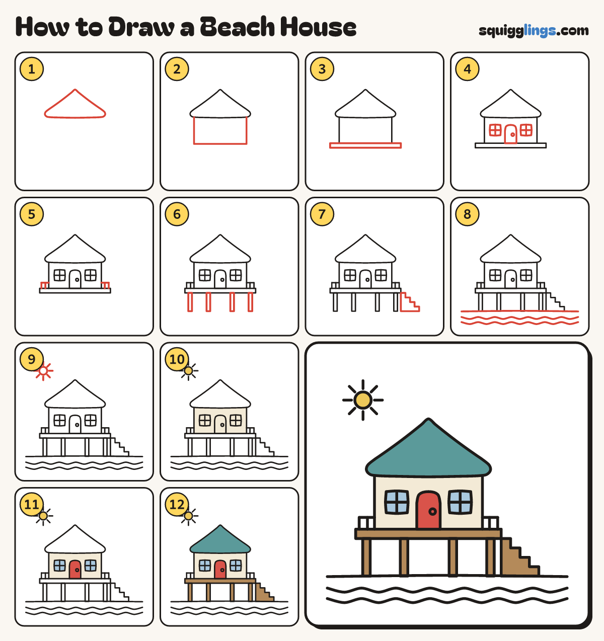 How to Draw a Beach House step by step: all 12 steps in one picture