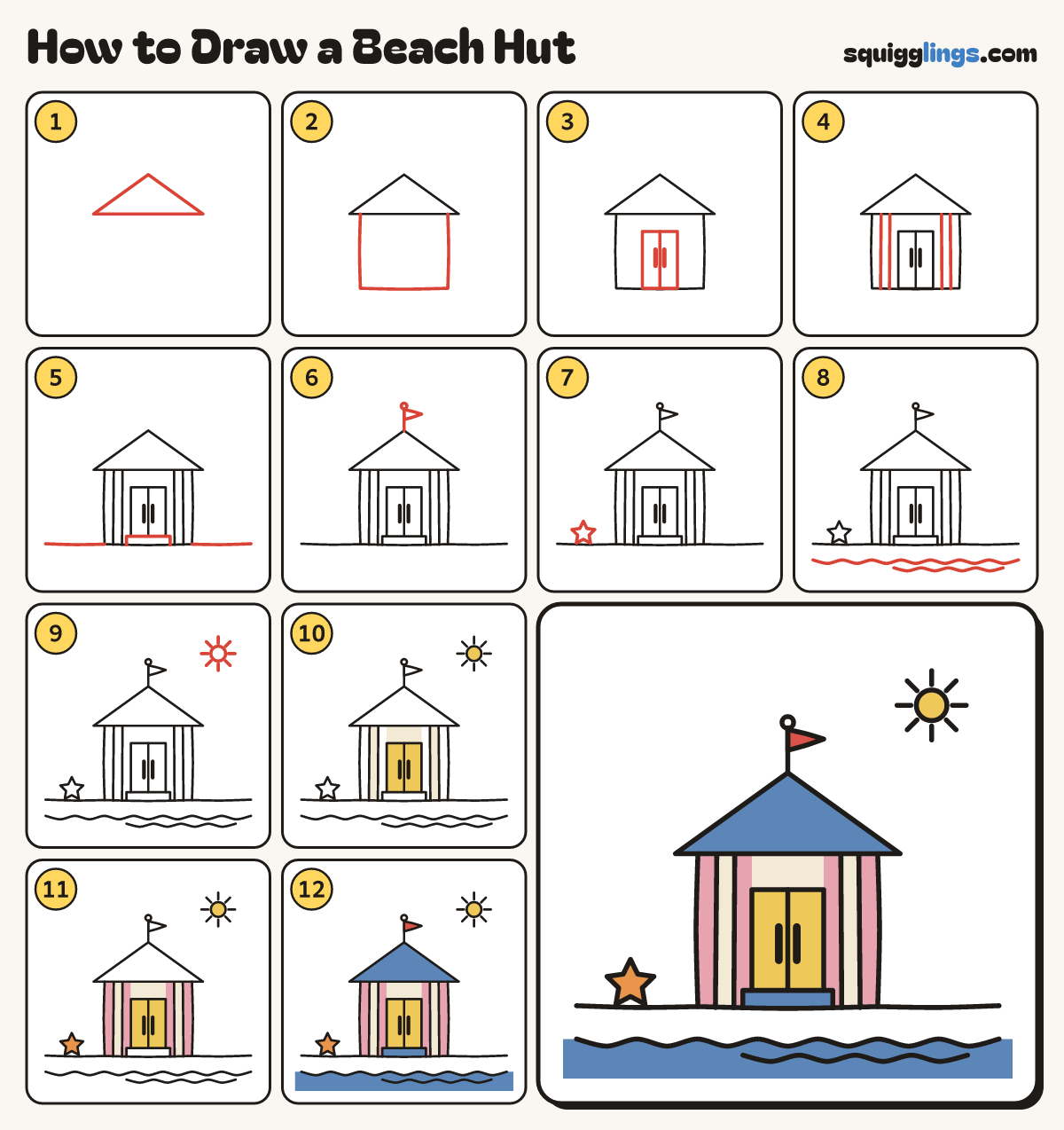 How to Draw a Beach Hut step by step: all 12 steps in one picture