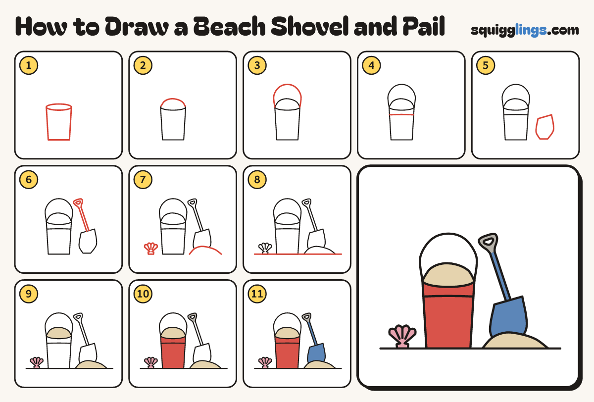 How to Draw a Beach Shovel and Pail step by step: all 11 steps in one picture