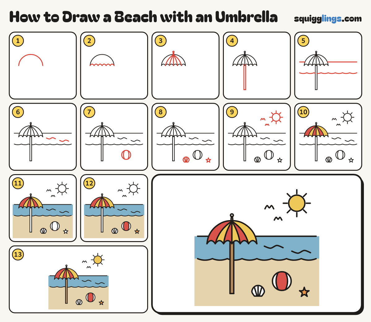 How to Draw a Beach with an Umbrella step by step: all 13 steps in one picture