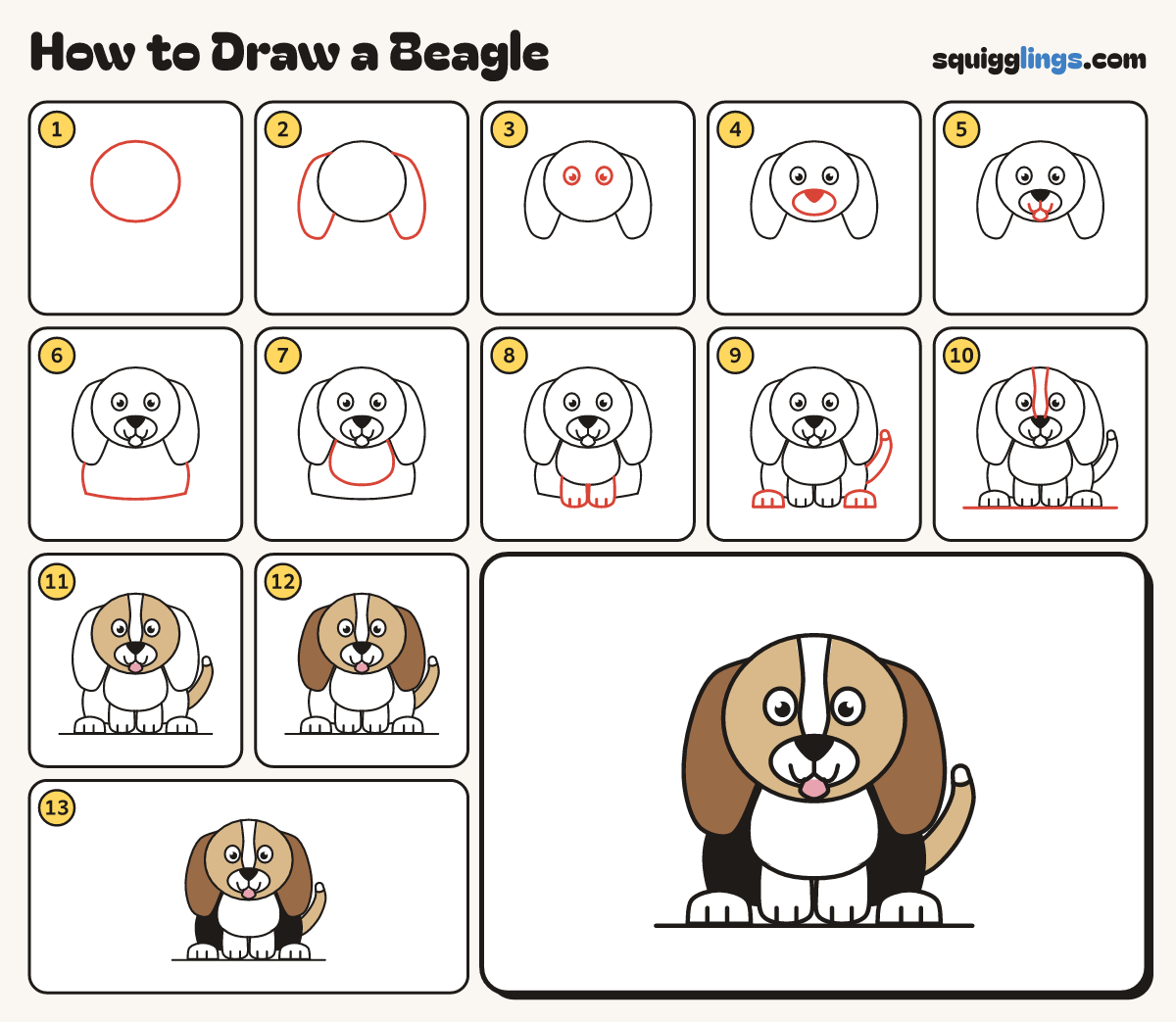 How to Draw a Beagle step by step: all 13 steps in one picture
