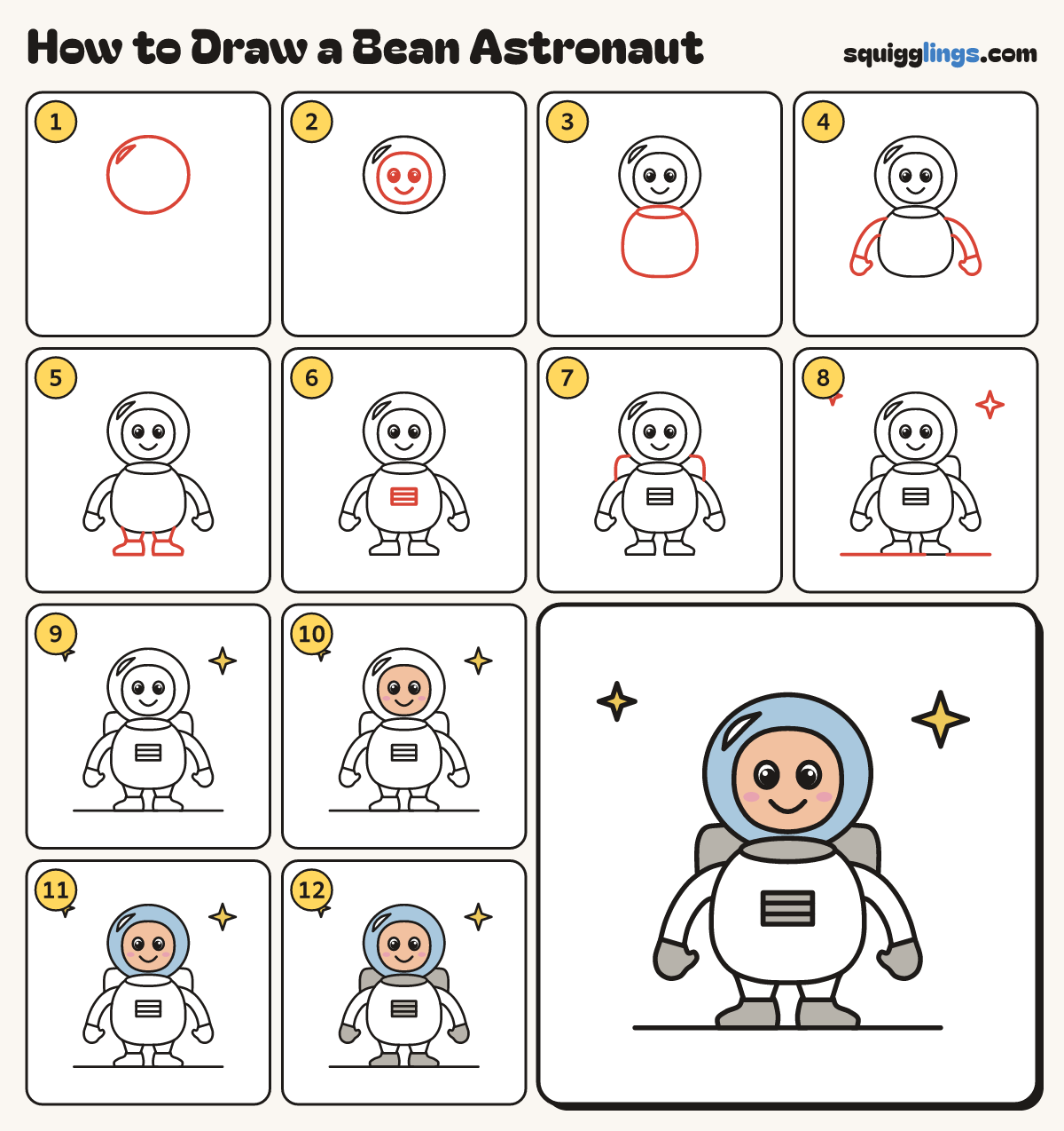 How to Draw a Bean Astronaut step by step: all 12 steps in one picture