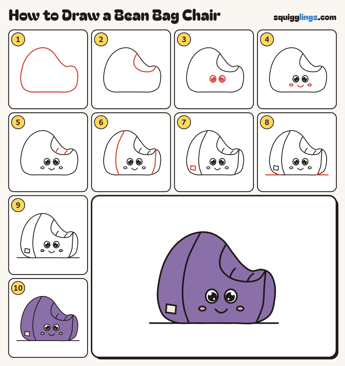 How to Draw a Bean Bag Chair step by step: all 10 steps in one picture