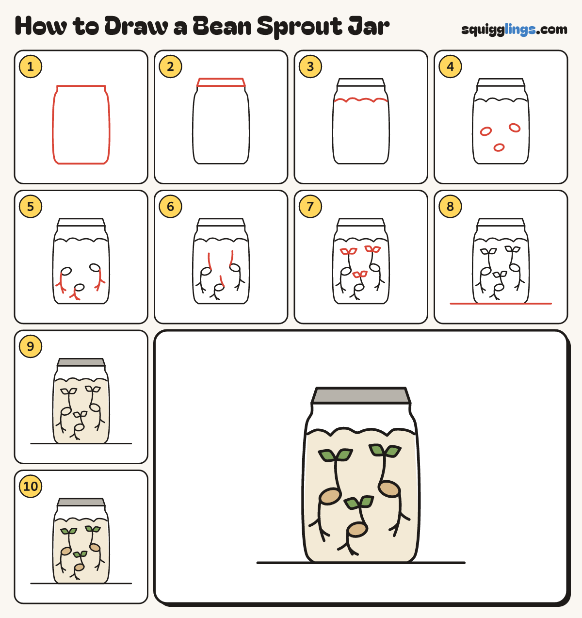 How to Draw a Bean Sprout Jar step by step: all 10 steps in one picture