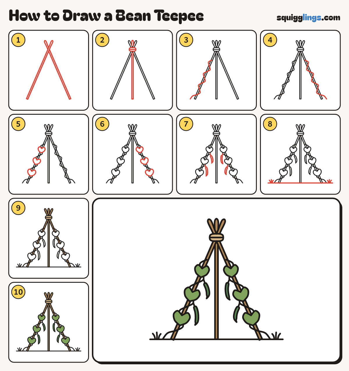 How to Draw a Bean Teepee step by step: all 10 steps in one picture