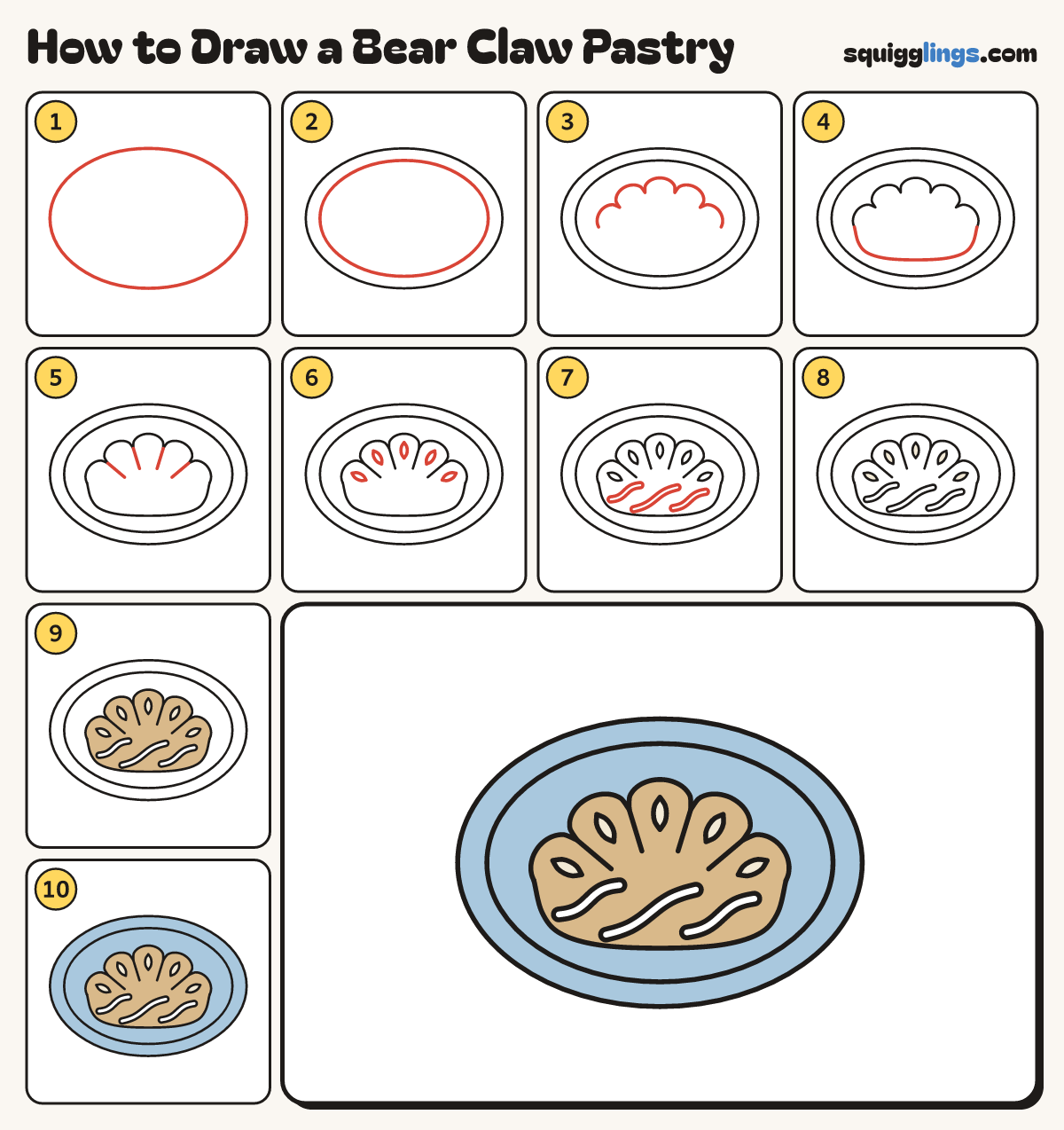 How to Draw a Bear Claw Pastry step by step: all 10 steps in one picture