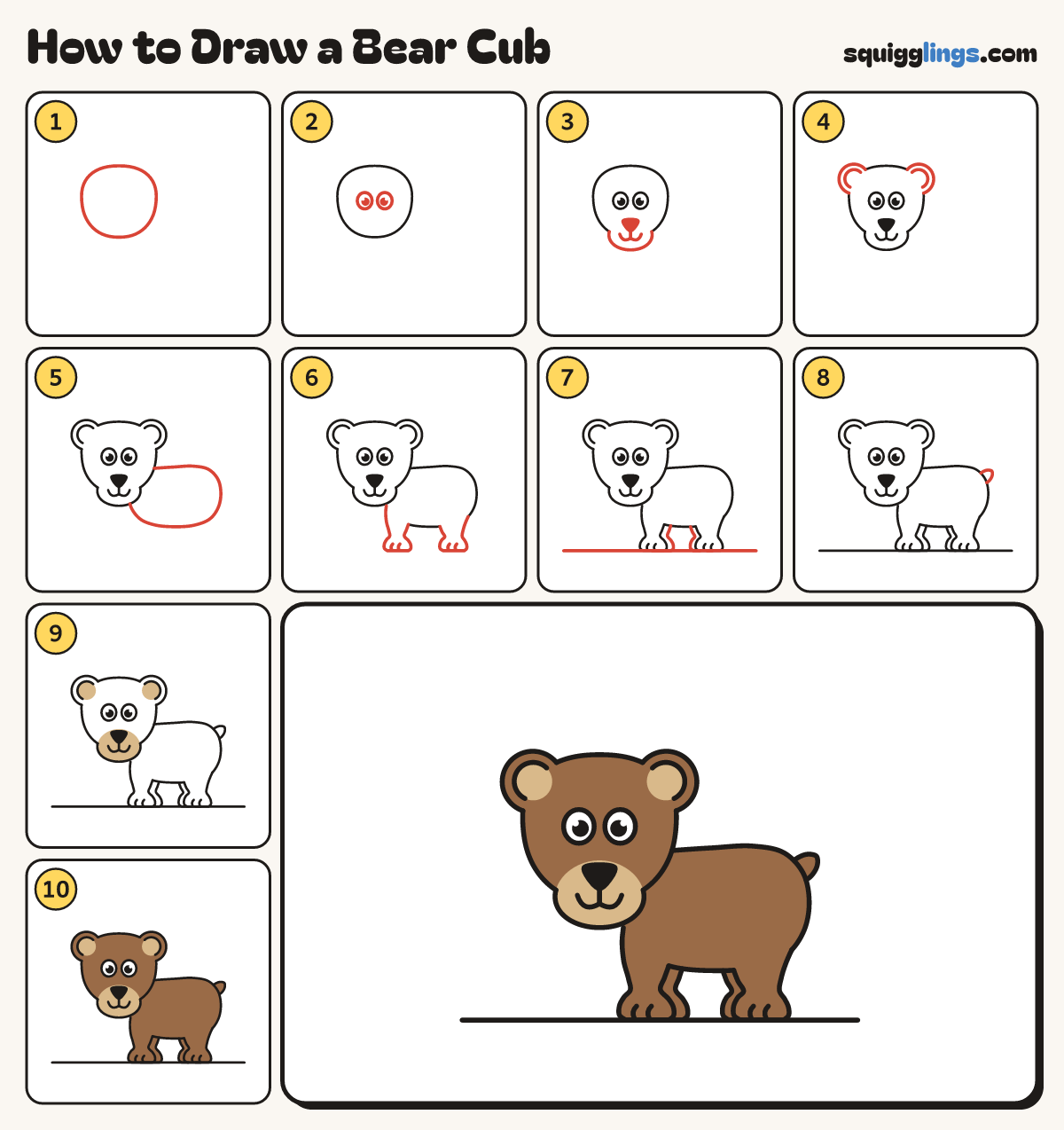 How to Draw a Bear Cub step by step: all 10 steps in one picture