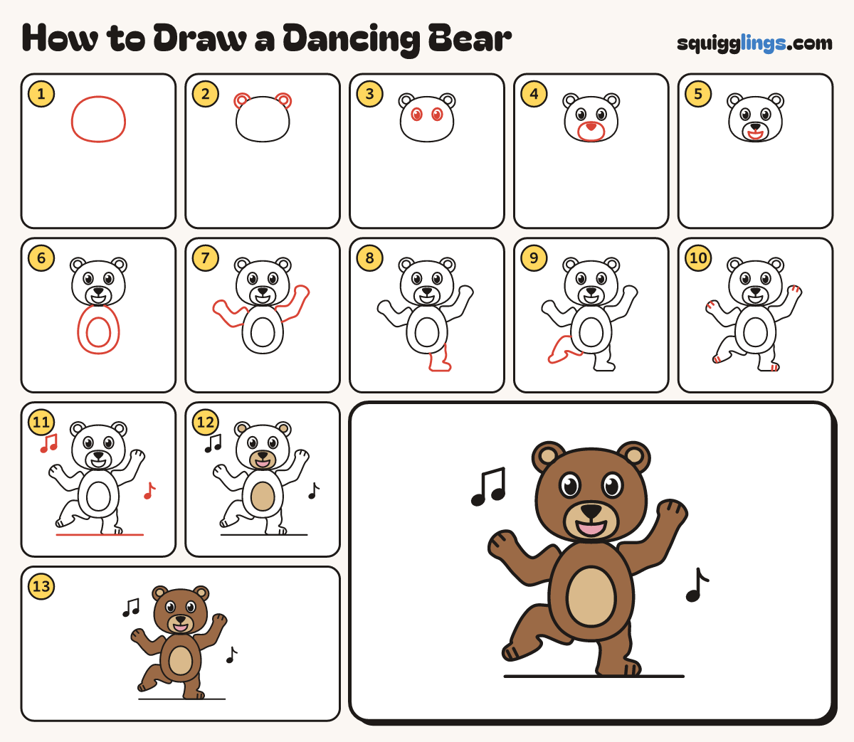 How to Draw a Dancing Bear step by step: all 13 steps in one picture