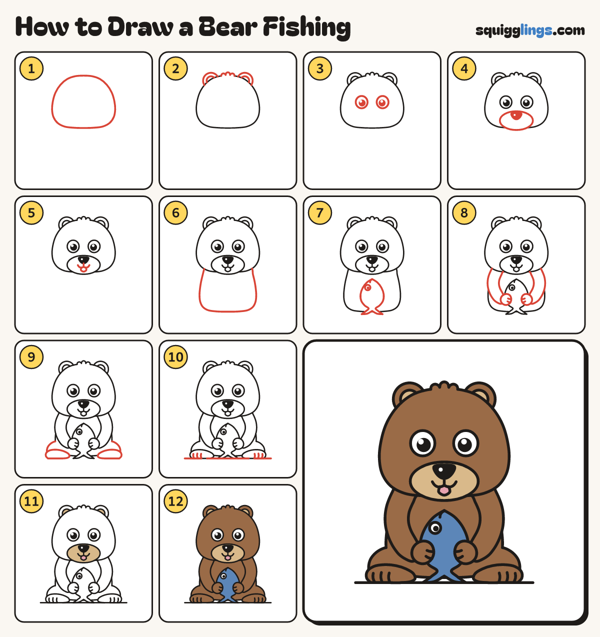 How to Draw a Bear Fishing step by step: all 12 steps in one picture