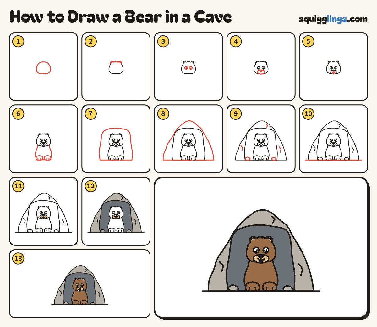 How to Draw a Bear in a Cave step by step: all 13 steps in one picture