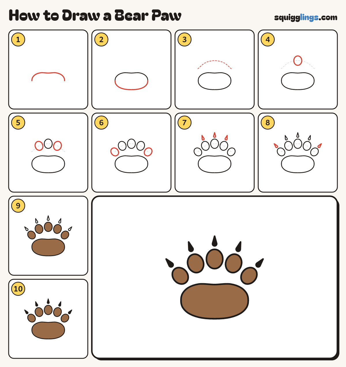 How to Draw a Bear Paw step by step: all 10 steps in one picture