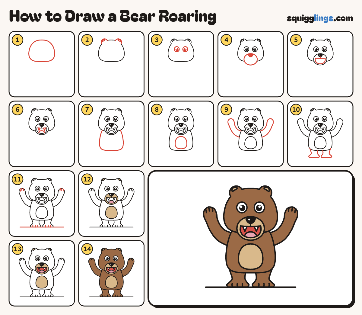 How to Draw a Bear Roaring step by step: all 14 steps in one picture