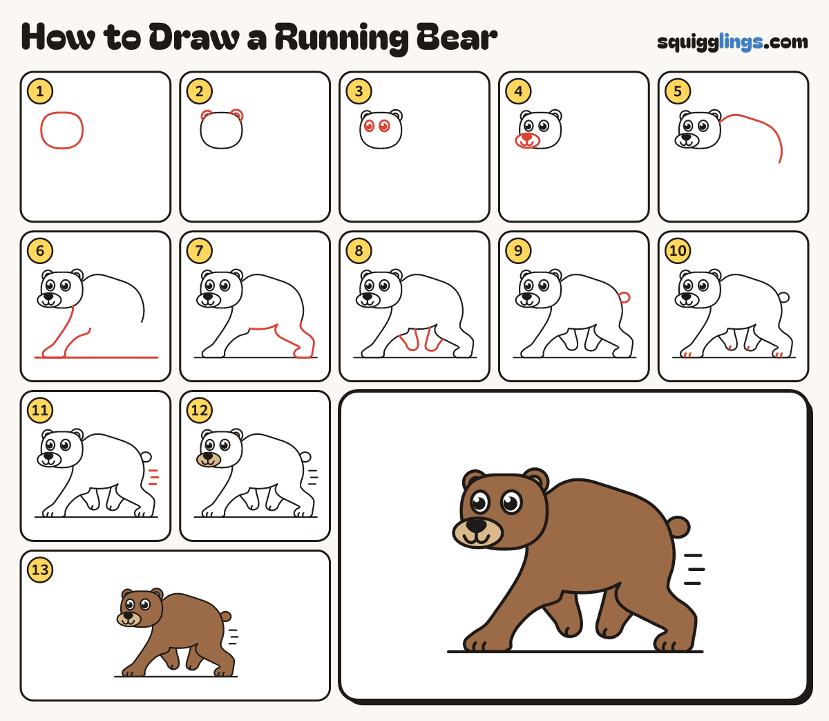 How to Draw a Running Bear step by step: all 13 steps in one picture