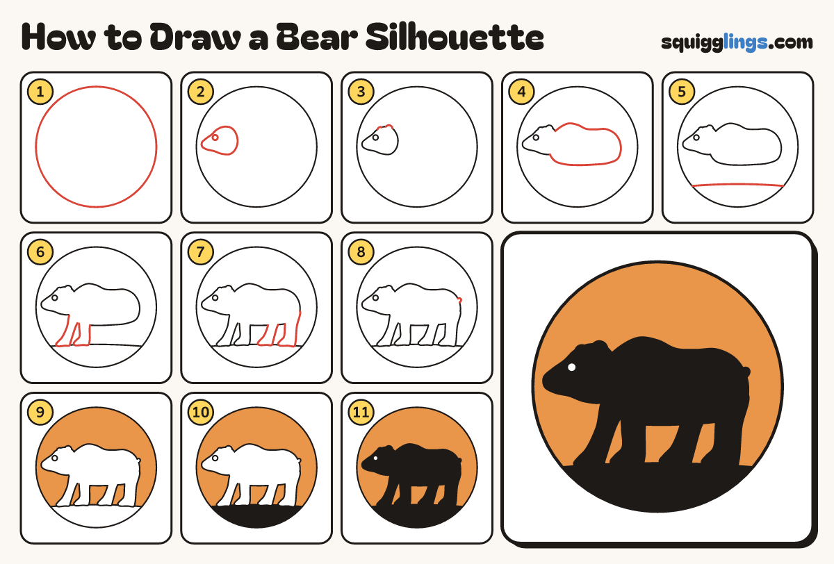 How to Draw a Bear Silhouette step by step: all 11 steps in one picture
